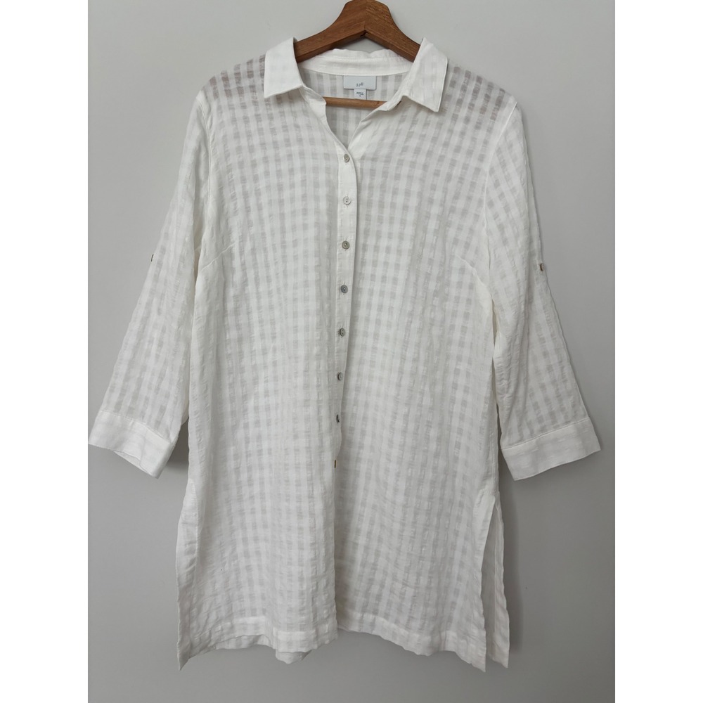 J. Jill White Gingham Cotton Roll Tab Sleeve Button Down Tunic Top Womens M